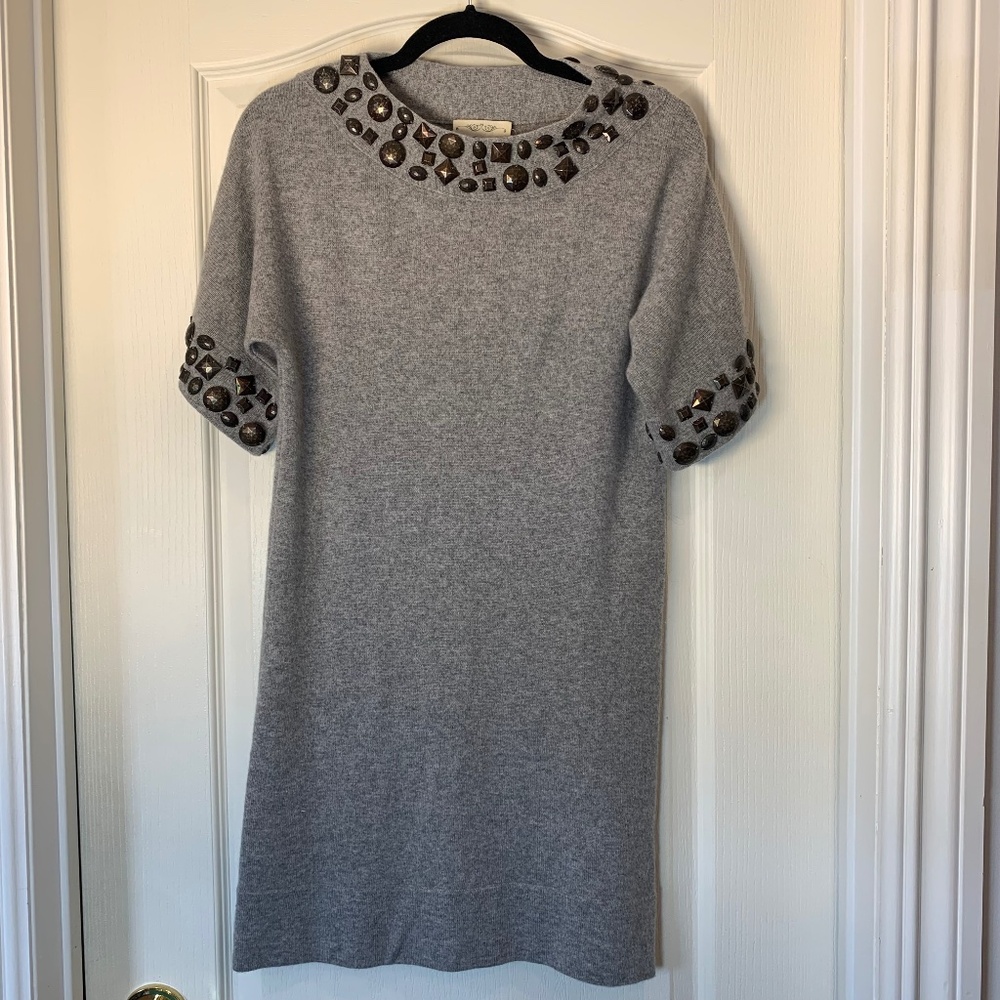 Qi Cashmere Embellished Cashmere Tunic / Short Dress – Soft Grey‎ (S)